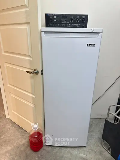 Compact white freezer in a utility room with cleaning supplies nearby.
