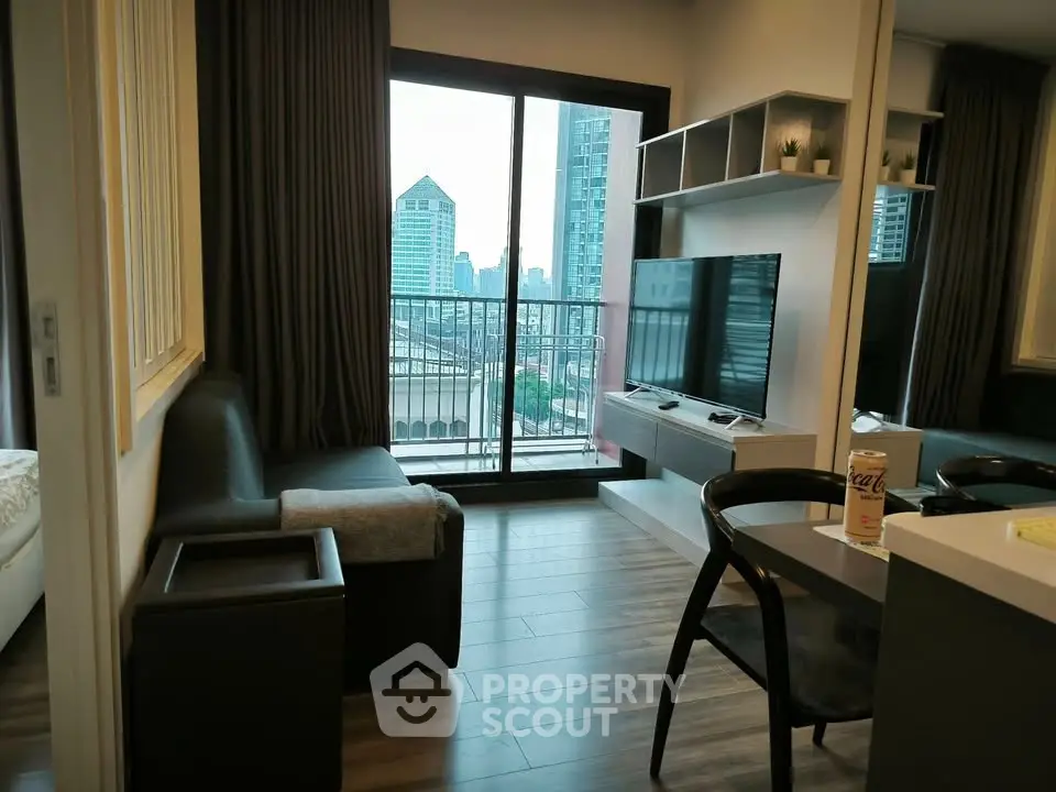 Modern living room with balcony view in urban apartment