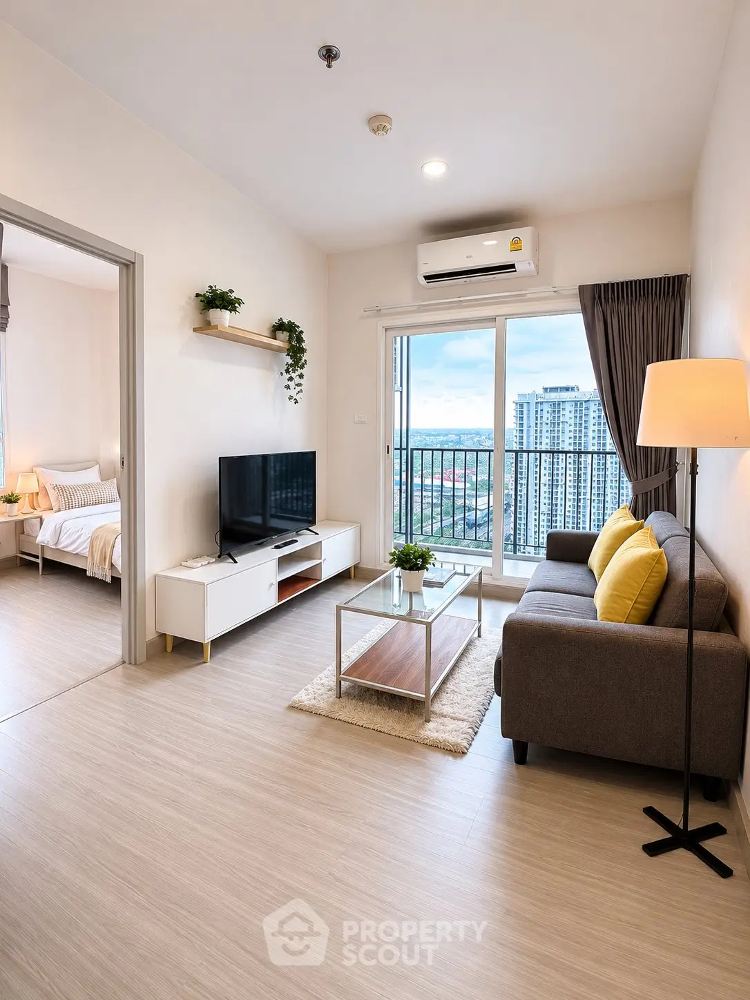 Modern living room with balcony view in a stylish apartment