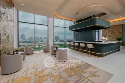 Luxurious modern living room with panoramic city views and elegant decor