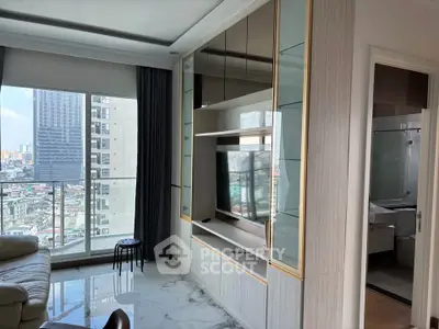 Modern living room with city view and elegant built-in shelving