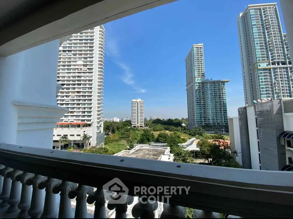 Stunning high-rise view from balcony with modern skyscrapers and clear blue sky.