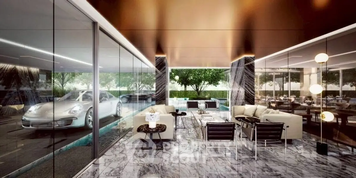 Luxurious modern living room with glass walls and sleek marble flooring, showcasing a stunning view of a parked car.