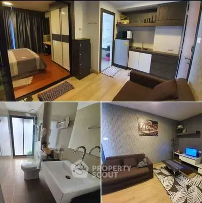 Modern apartment interior with bedroom, kitchen, bathroom, and living room showcasing stylish decor.