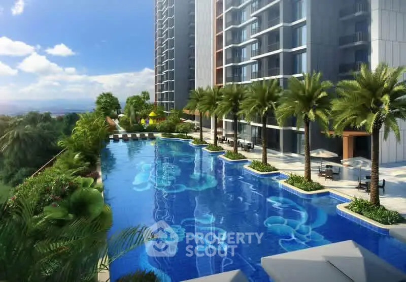 Luxurious high-rise apartment with stunning pool and palm trees, offering breathtaking views.