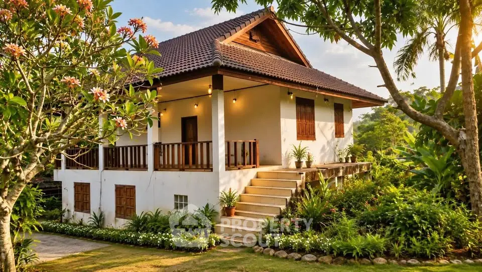 Charming tropical house with lush garden and inviting entrance