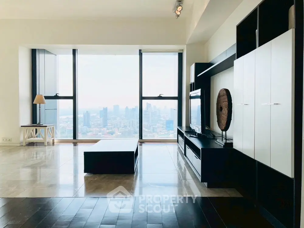 Luxurious living room with panoramic city view and modern decor