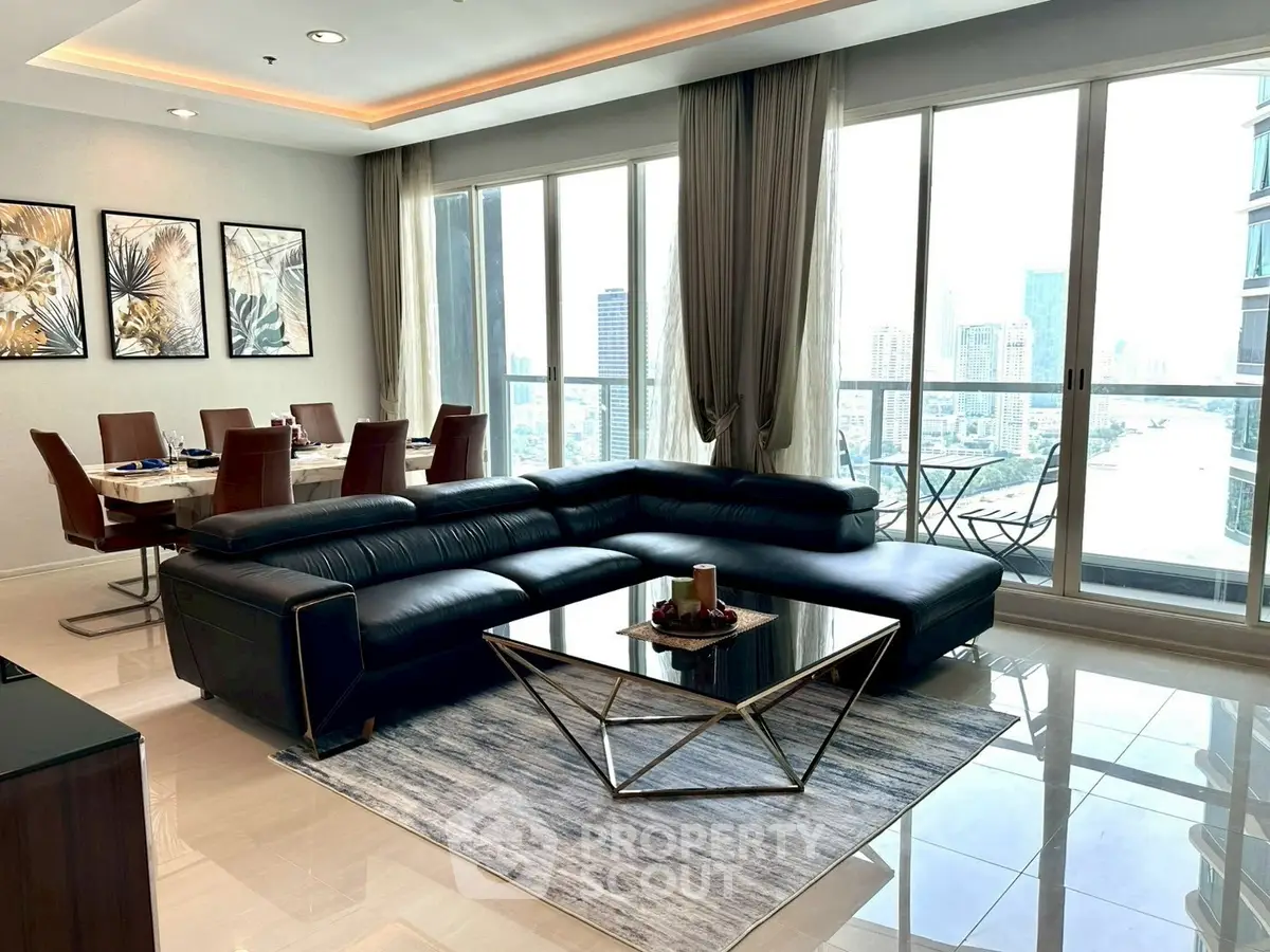 Luxurious living room with modern decor and stunning city view