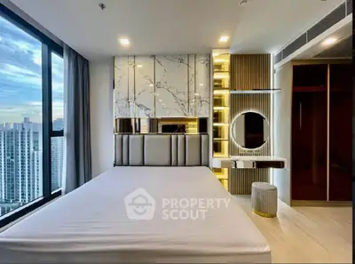 Luxurious bedroom with stunning city view and modern decor