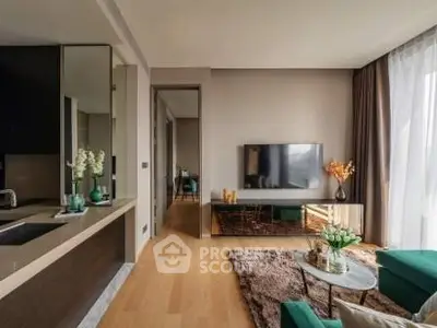 Modern living room with stylish decor and open layout, featuring a wall-mounted TV and elegant furnishings.