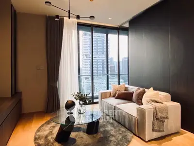 Modern living room with city view and stylish decor