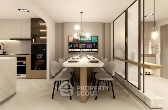 Modern dining area with elegant table setting and contemporary lighting in a stylish apartment.