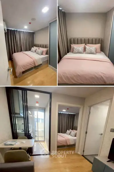 Modern bedroom with stylish decor and cozy ambiance in a contemporary apartment.