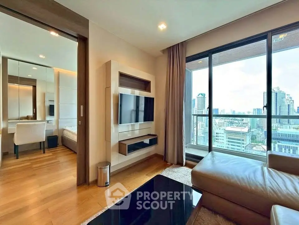 Luxurious living room with stunning city view and modern interior design