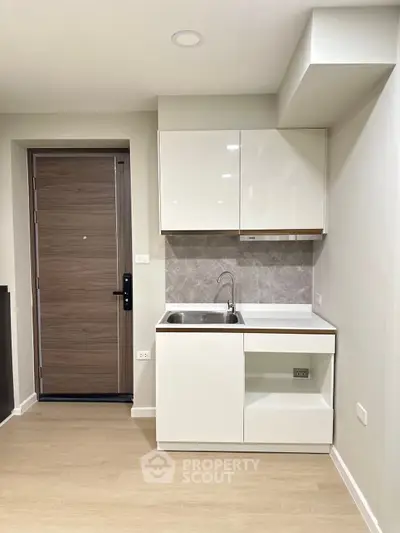 Modern compact kitchen with sleek cabinetry and stainless steel sink in stylish apartment