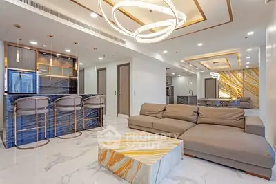 Luxurious modern living room with elegant lighting and marble accents