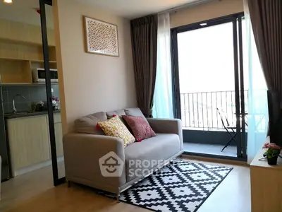 Modern living room with cozy sofa and balcony view in stylish apartment
