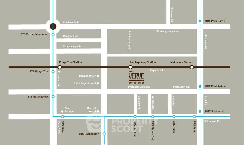 Map showing location of VERVE Ratchaprarop near BTS and MRT stations in Bangkok.