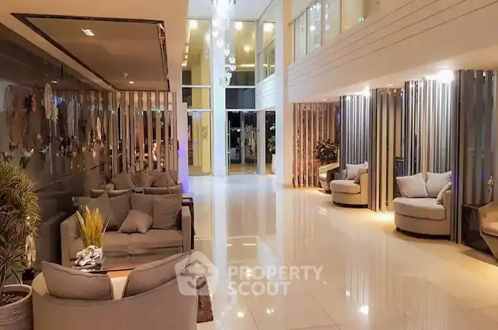 Luxurious modern lobby with elegant seating and ambient lighting