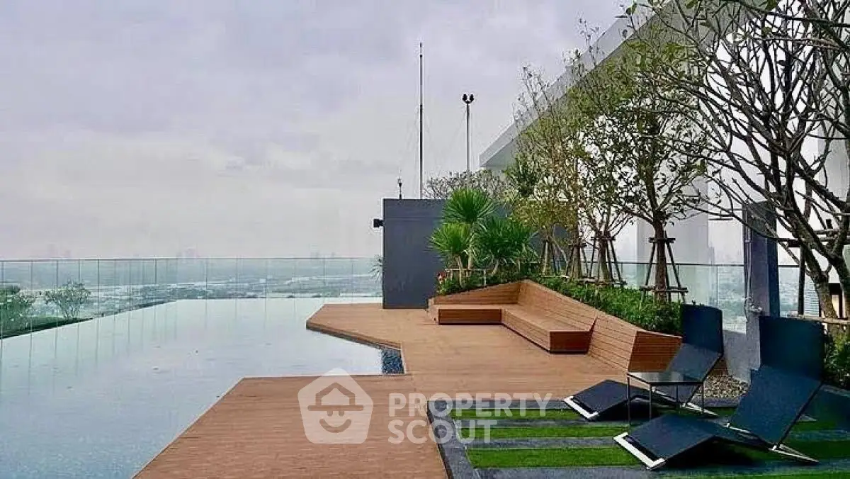 Luxurious rooftop infinity pool with city skyline view and modern seating area.