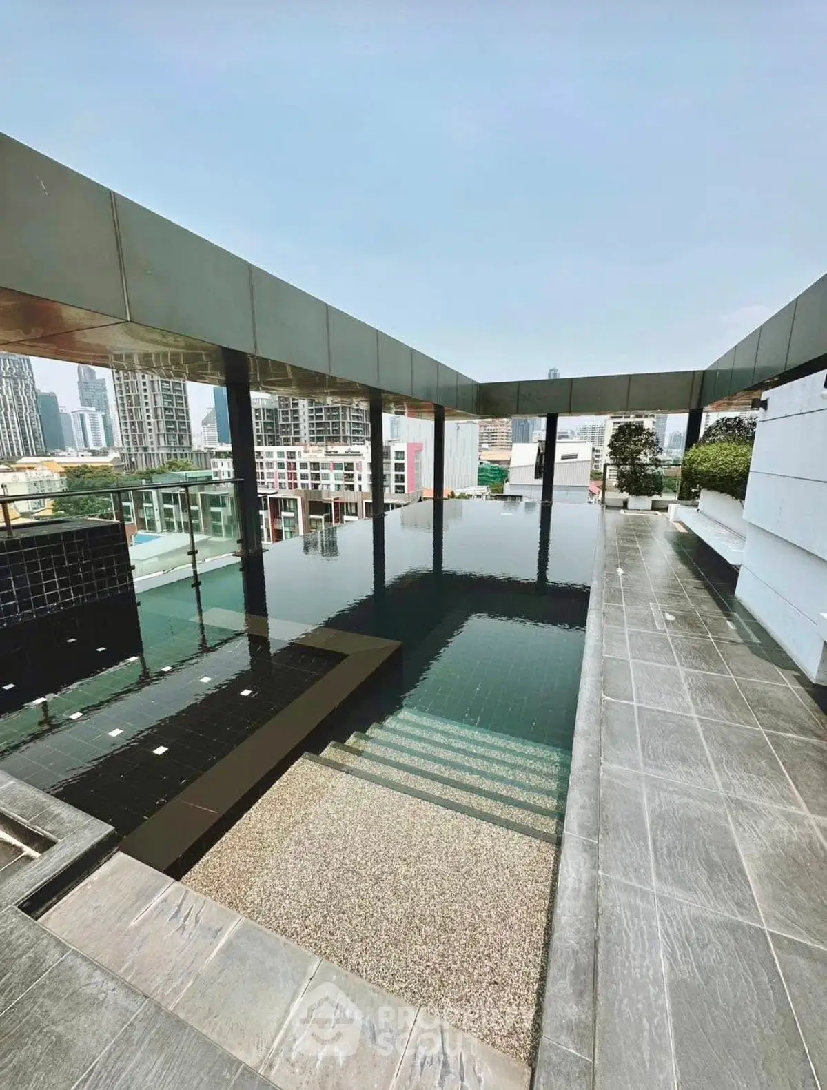 Luxurious rooftop pool with stunning city views and modern design, perfect for relaxation and entertainment.