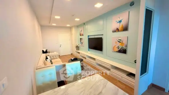 Modern living room with stylish decor and built-in entertainment unit