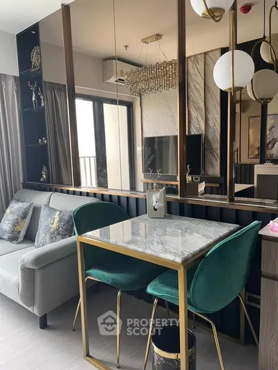 Stylish modern living room with elegant decor and dining area in luxury apartment.