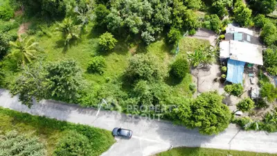 Aerial view of lush green land with a small house and road, ideal for development.