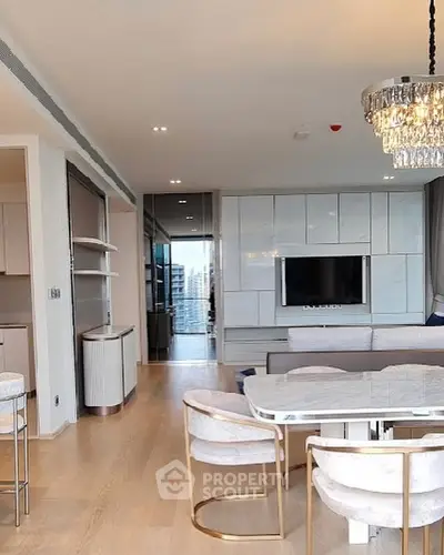 Luxurious modern living room with elegant dining area and city view