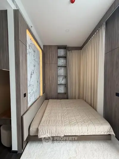 Modern bedroom with elegant wood paneling and marble accents
