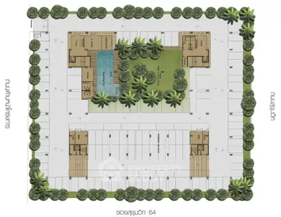 Architectural site plan with parking, greenery, and building layout.