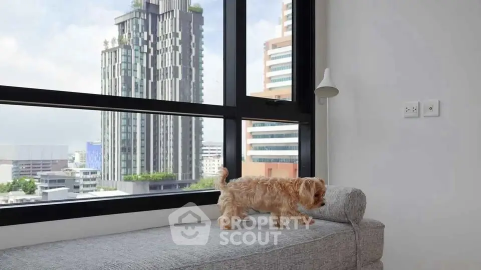 Modern apartment with large windows offering stunning city views and cozy interior seating.