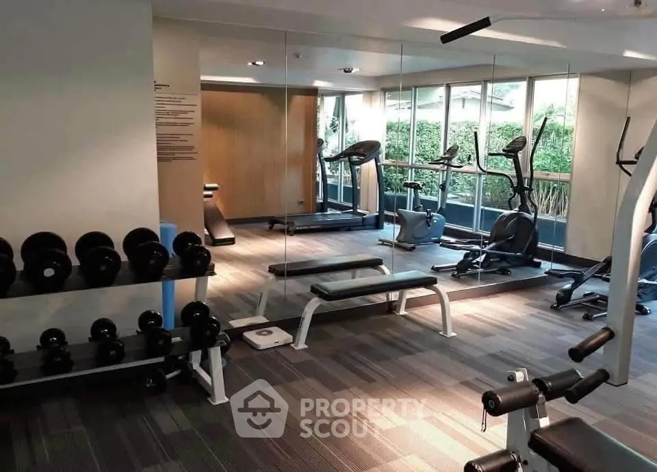 Modern gym with state-of-the-art equipment and large windows offering garden views.