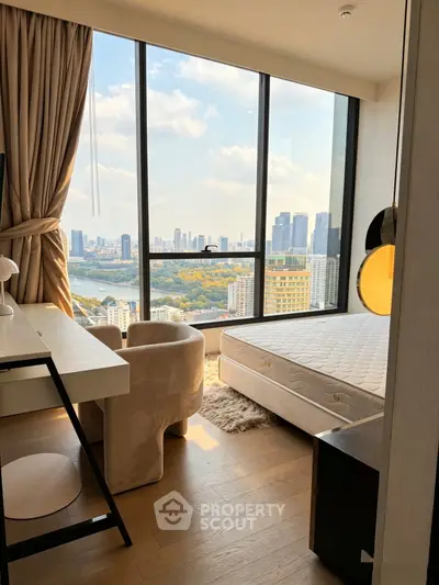 Luxurious bedroom with stunning city view, floor-to-ceiling windows, and elegant furnishings.