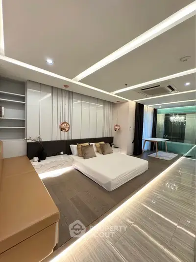 Luxurious modern bedroom with sleek design and ambient lighting