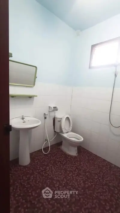 Cozy bathroom with pedestal sink and modern toilet in a bright, airy space.