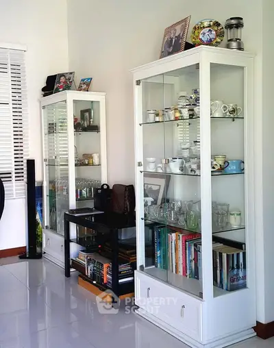 Elegant living room with glass display cabinets showcasing fine china and books, perfect for stylish home decor.