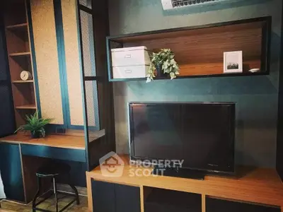 Modern living room with stylish wooden shelves and TV setup