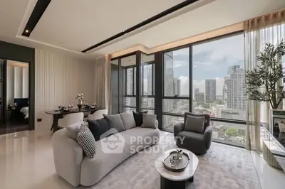 Luxurious modern living room with panoramic city views and elegant furnishings.