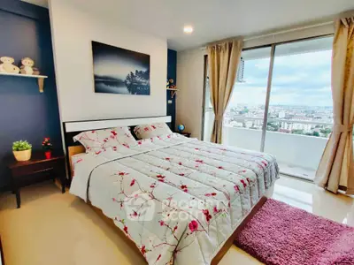 Spacious bedroom with city view and elegant decor in modern apartment