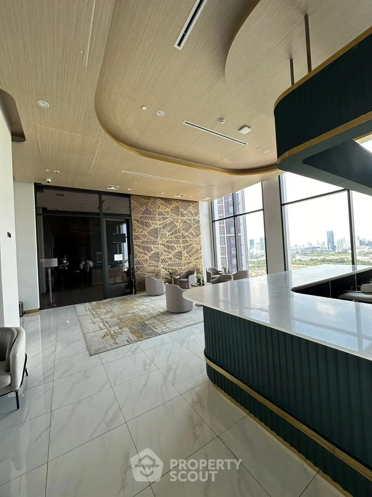 Luxurious modern living room with panoramic city view and elegant interior design.