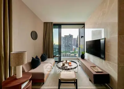 Modern living room with city view, elegant decor, and large TV