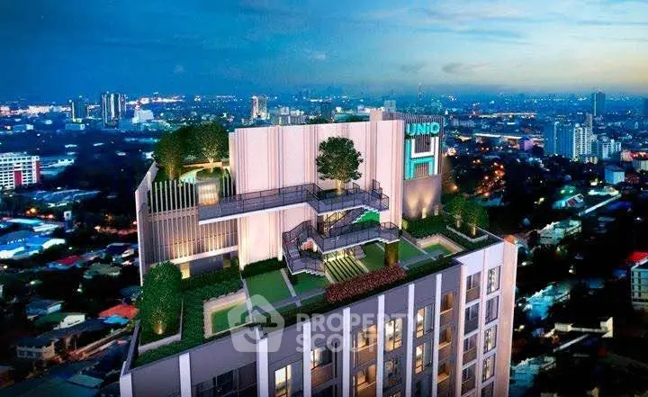 Stunning rooftop garden on modern high-rise with panoramic city views at dusk.