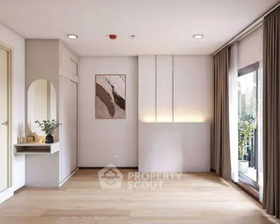 Modern minimalist living room with wooden flooring and balcony view