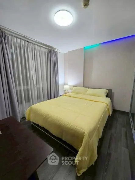 Cozy bedroom with modern decor and soft lighting, featuring a comfortable bed and stylish curtains.