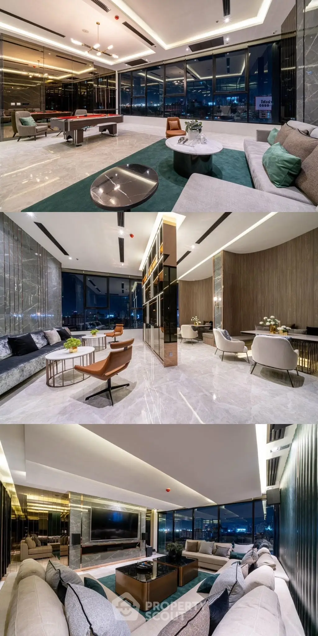 Luxurious modern living room with panoramic city views, elegant furnishings, and ambient lighting for ultimate comfort.