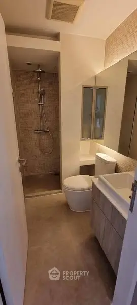 Modern bathroom with sleek shower and vanity in contemporary apartment.