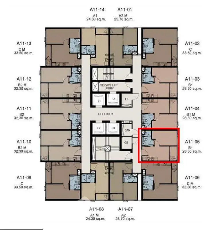 Detailed floor plan of a modern apartment complex with multiple units and lift lobby.