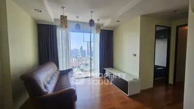 Spacious living room with city view and modern decor