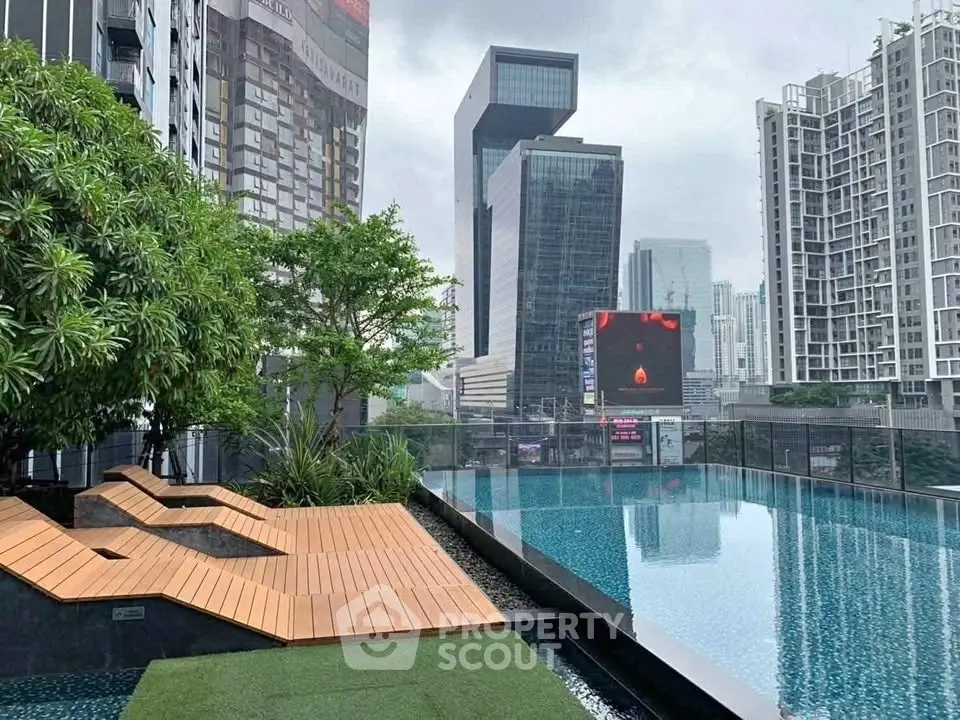 Luxurious rooftop pool with stunning cityscape view in modern urban setting.